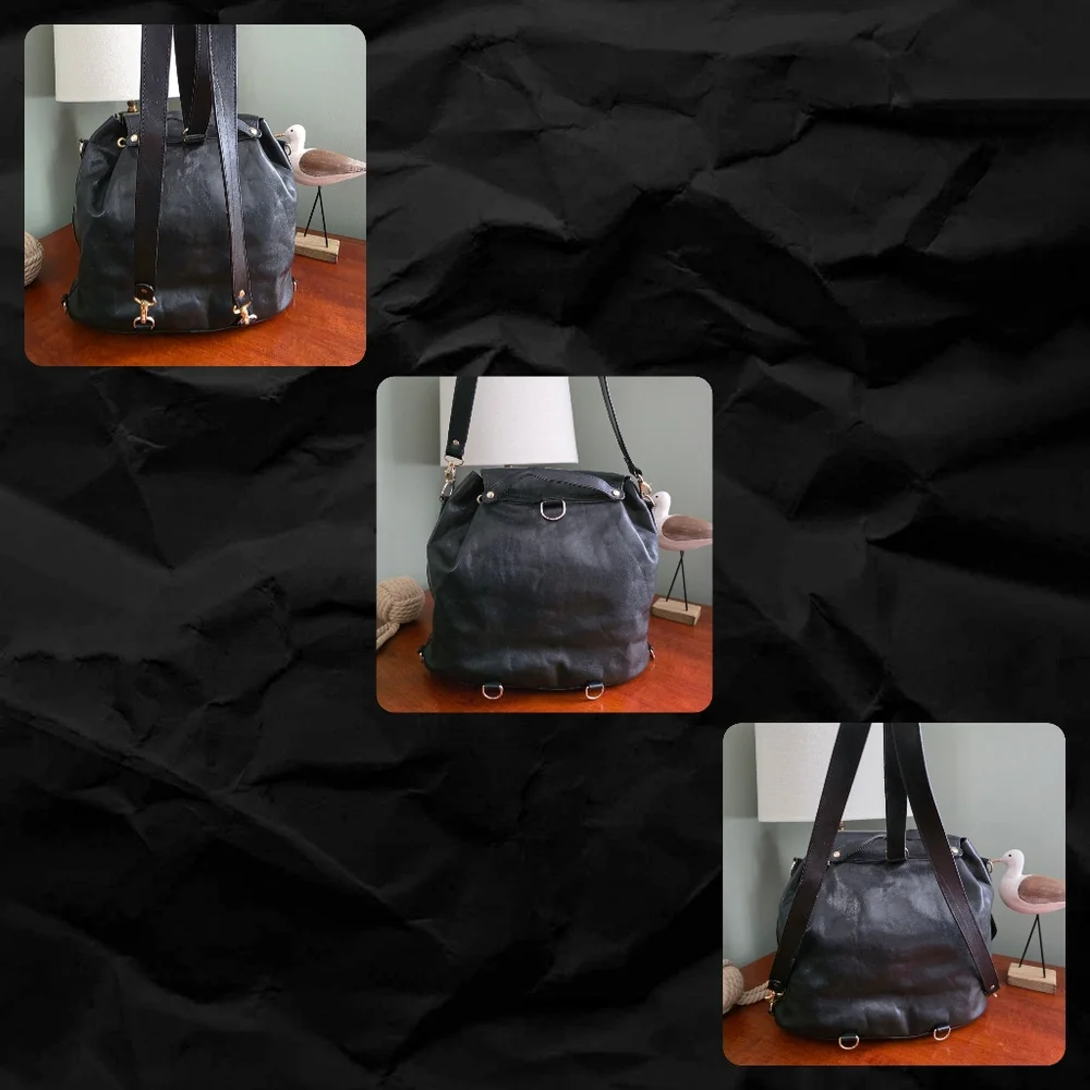 i Santi Made in Italy Black Leather Convertible Backpack Drawstring Bag